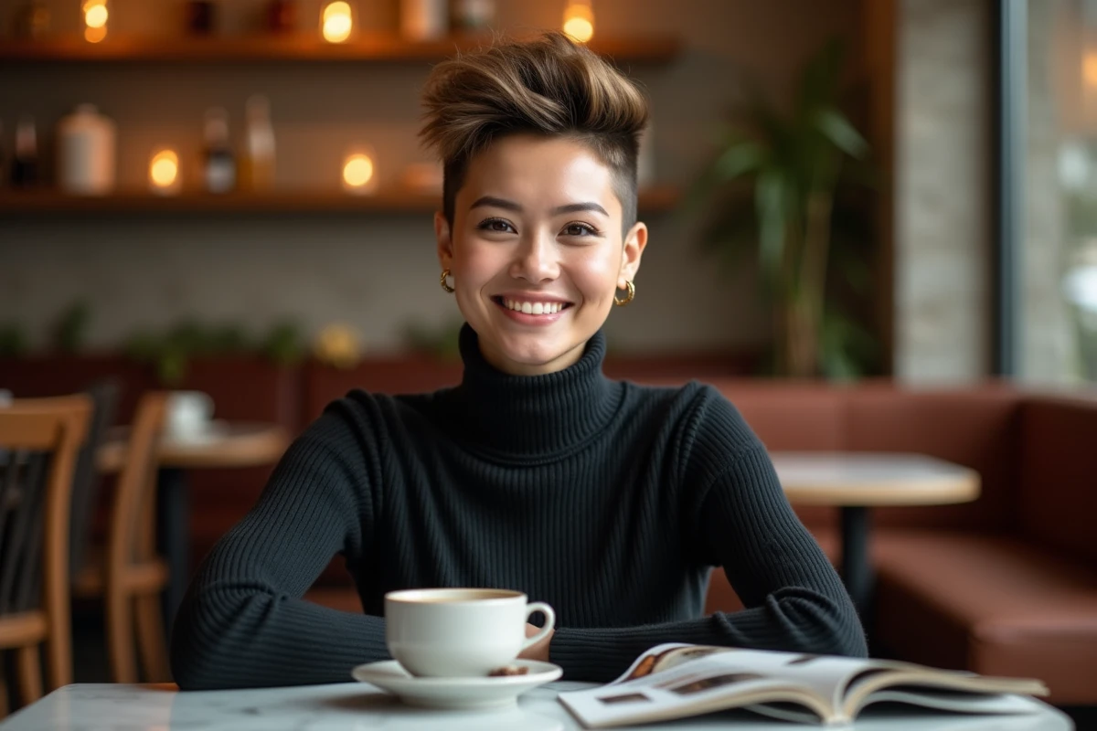 Jeune femme avec un wolfcut texturé assise dans un café parisien avec une tasse d'espresso